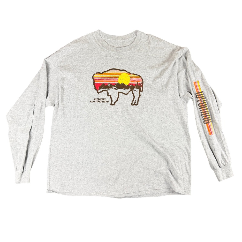 Roam Wyoming Bison Graphic Long Sleeve T-Shirt Mens Gray Retro Sunset XL